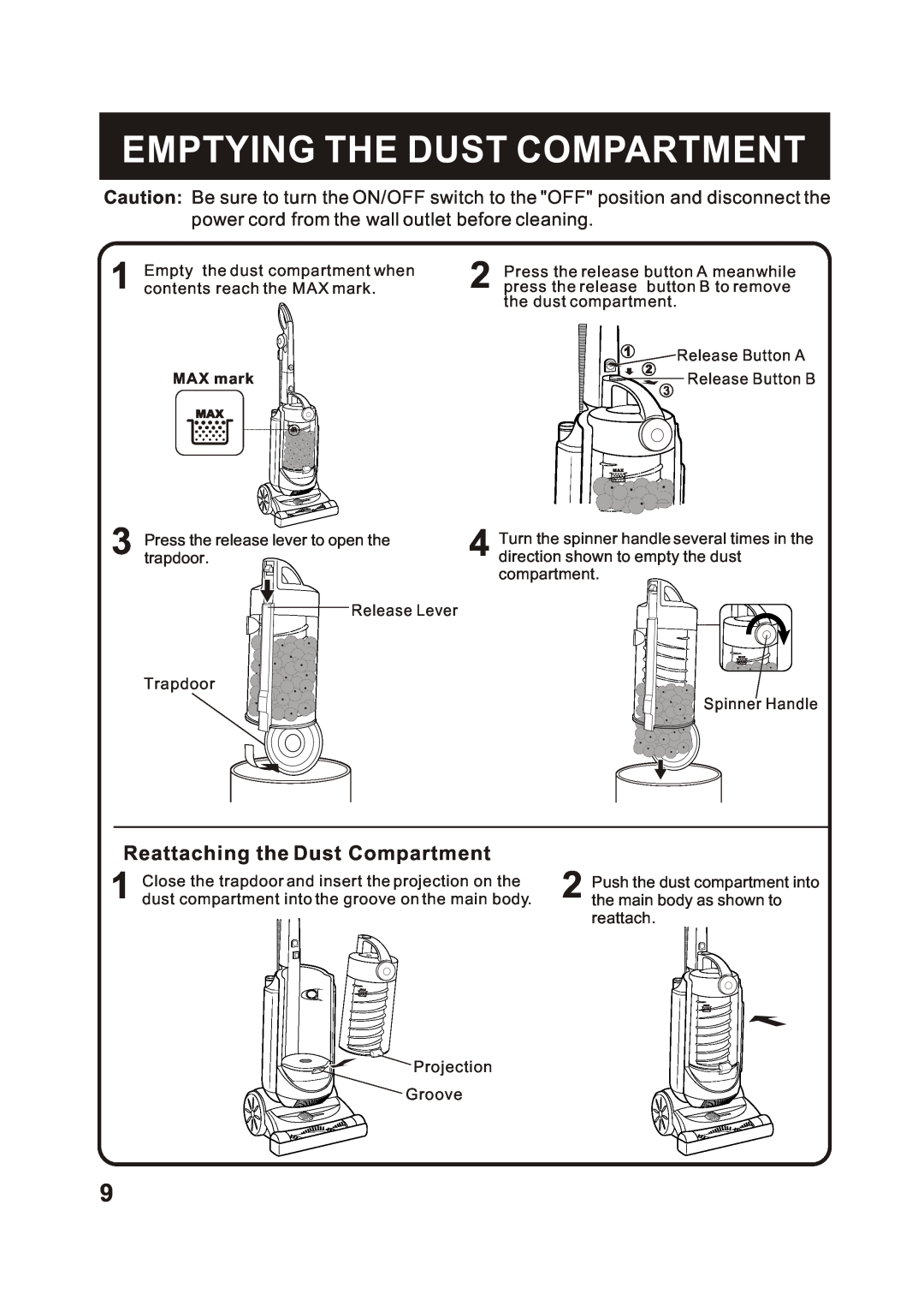Fantom Vacuum FM760 instruction manual Emptying The Dust Compartment, power cord from the wall outlet before cleaning 