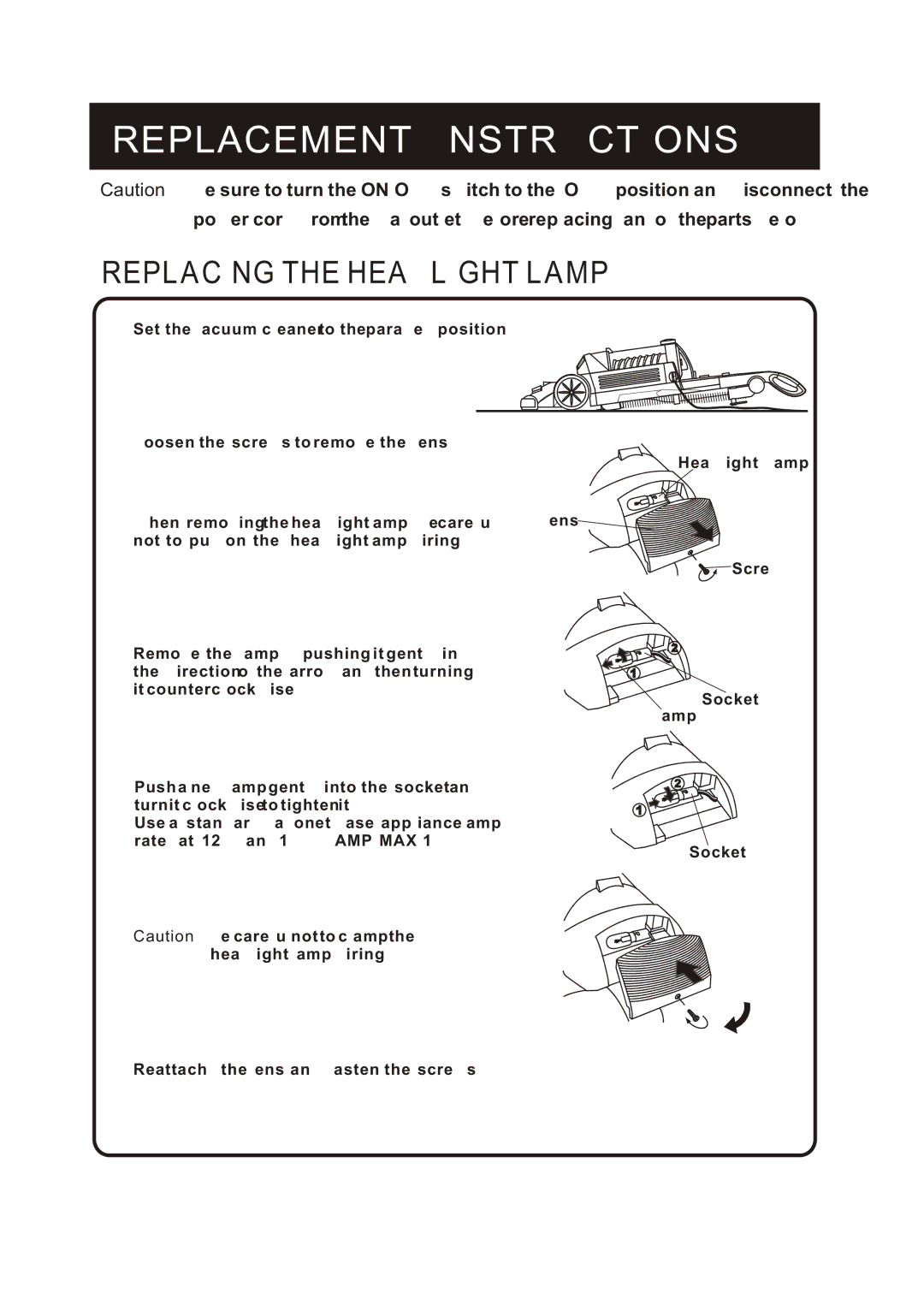 Fantom Vacuum FM760K instruction manual Replacement Instructions, Replacing the Headlight Lamp 