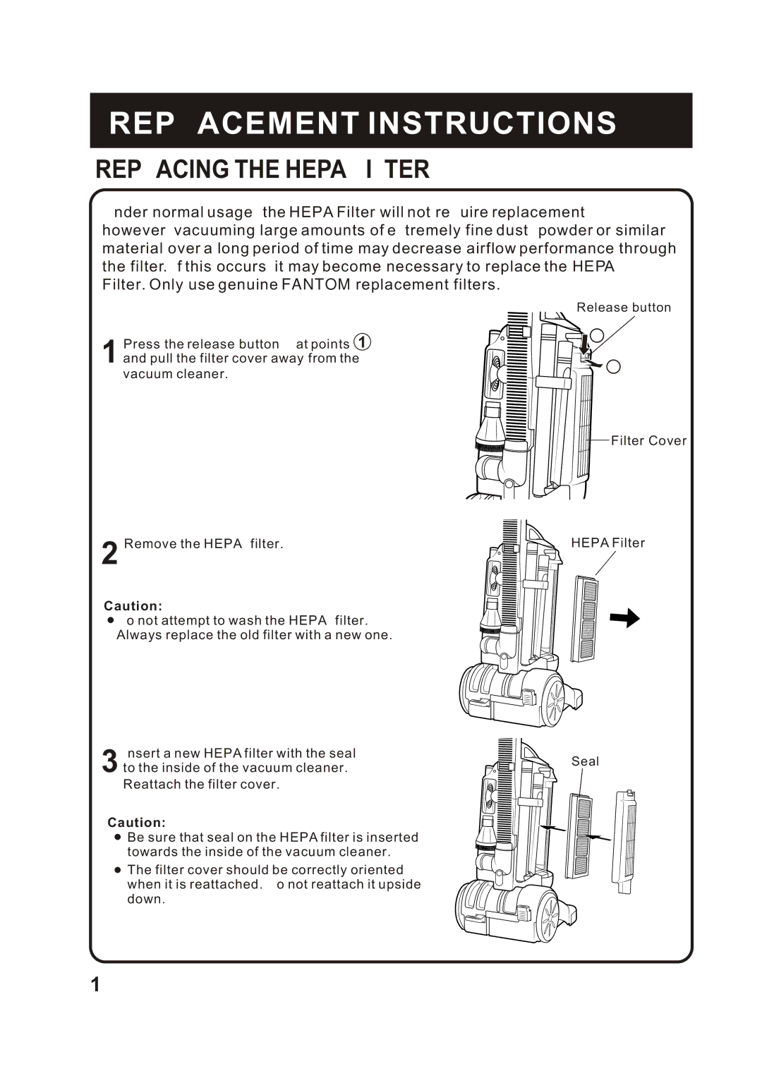 Fantom Vacuum FM760K instruction manual Replacing the Hepa Filter 