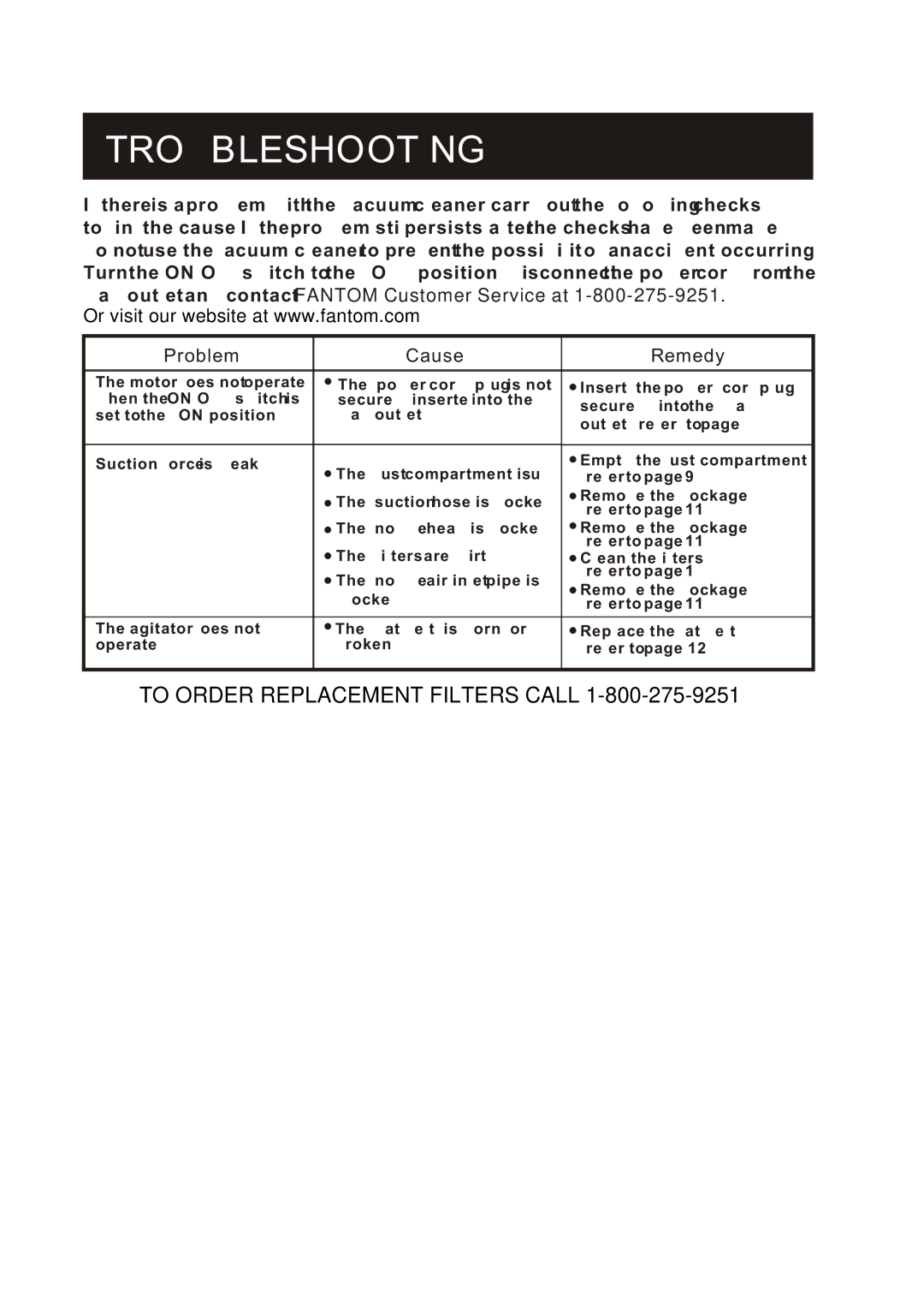 Fantom Vacuum FM760K instruction manual Troubleshooting, Problem Cause Remedy 