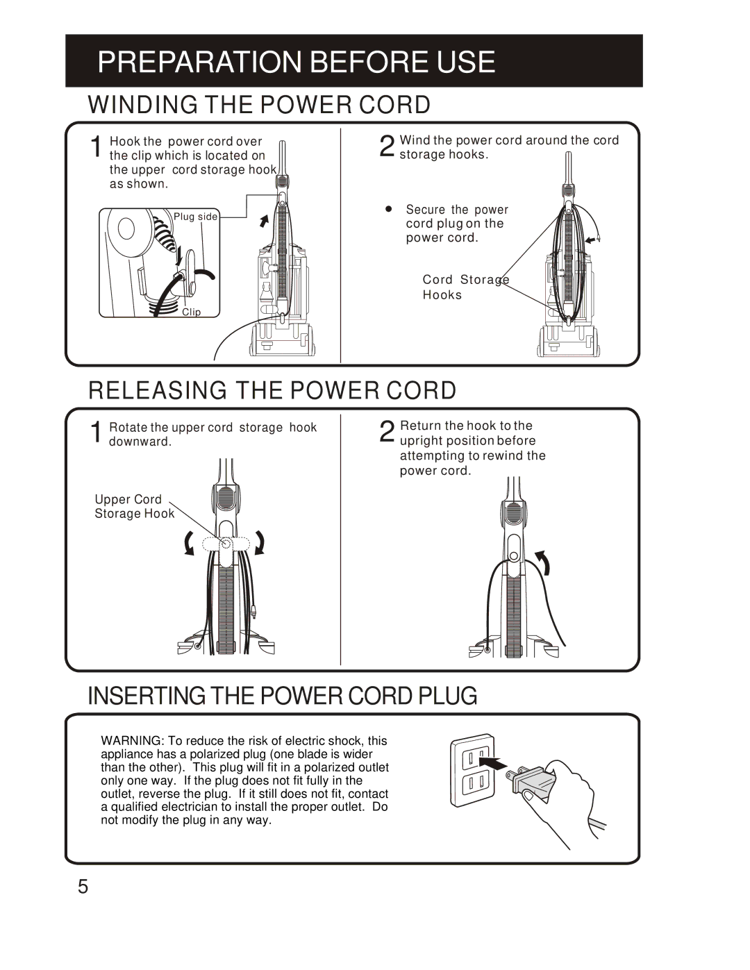 Fantom Vacuum FM760K instruction manual Winding the Power Cord, Releasing the Power Cord, Inserting the Power Cord Plug 