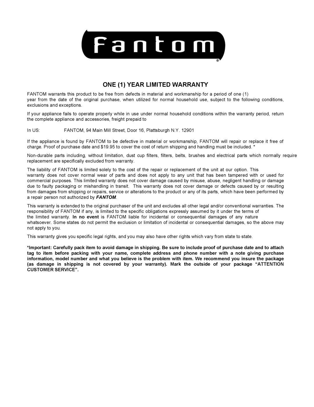Fantom Vacuum FM760K instruction manual ONE 1 YEAR LIMITED WARRANTY 