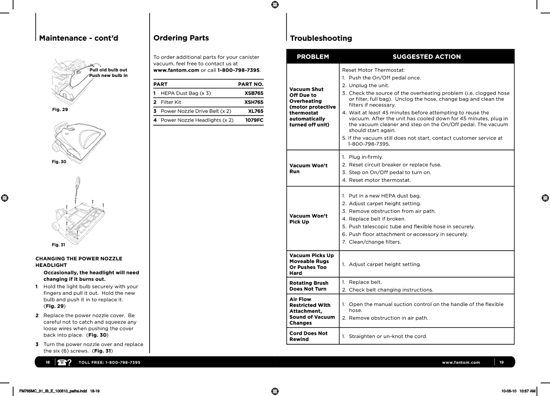 Fantom Vacuum FM765MC 31 manual Problem Suggested Action 