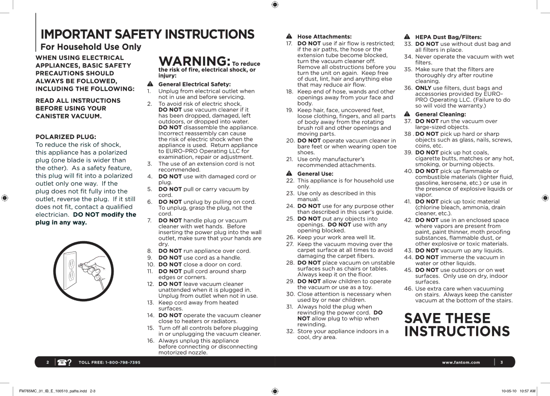 Fantom Vacuum FM765MC 31 manual Toll Free 