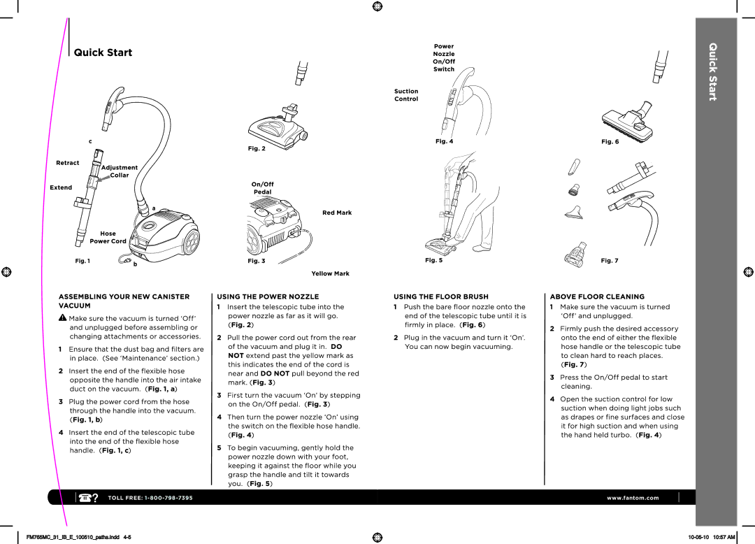 Fantom Vacuum FM765MC 31 manual Toll Free 