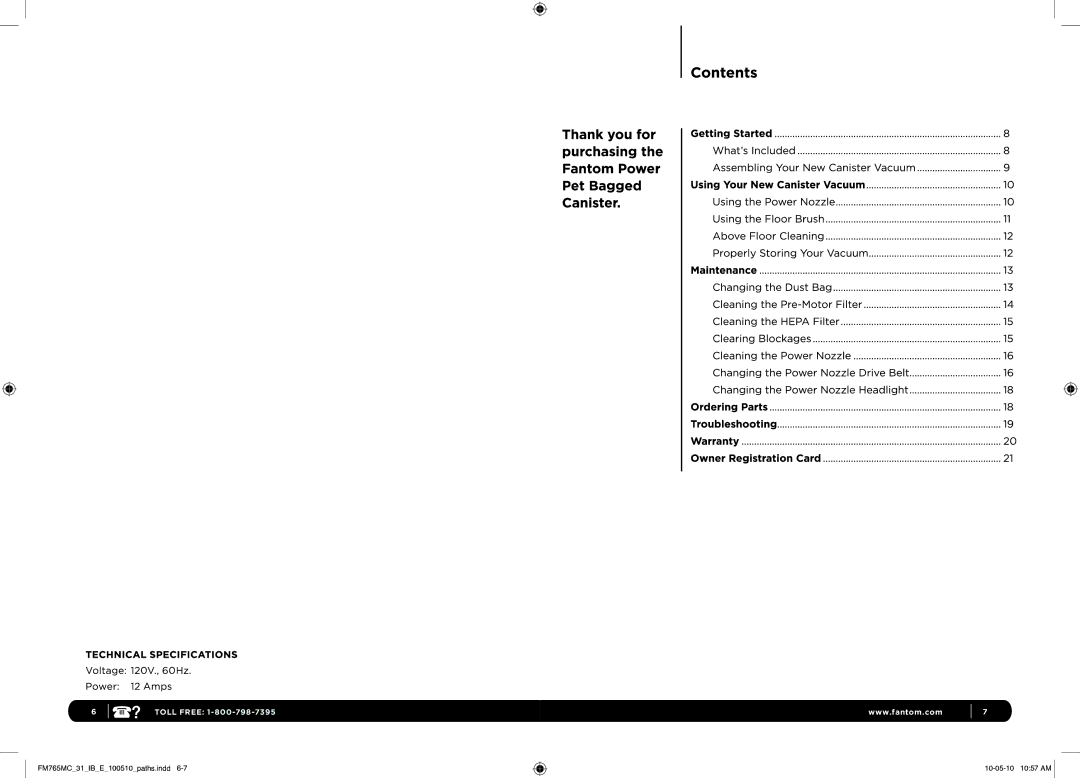 Fantom Vacuum FM765MC 31 manual Toll Free 