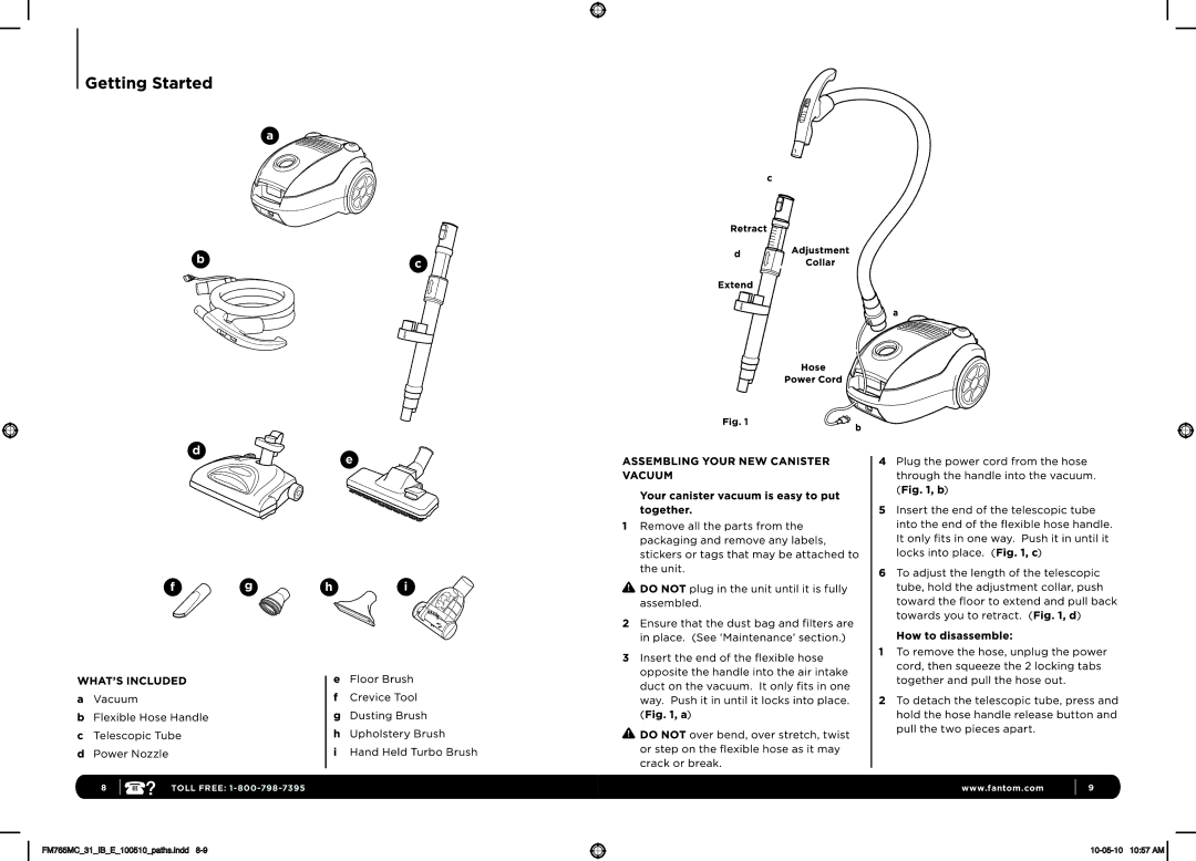 Fantom Vacuum FM765MC 31 manual Toll Free 