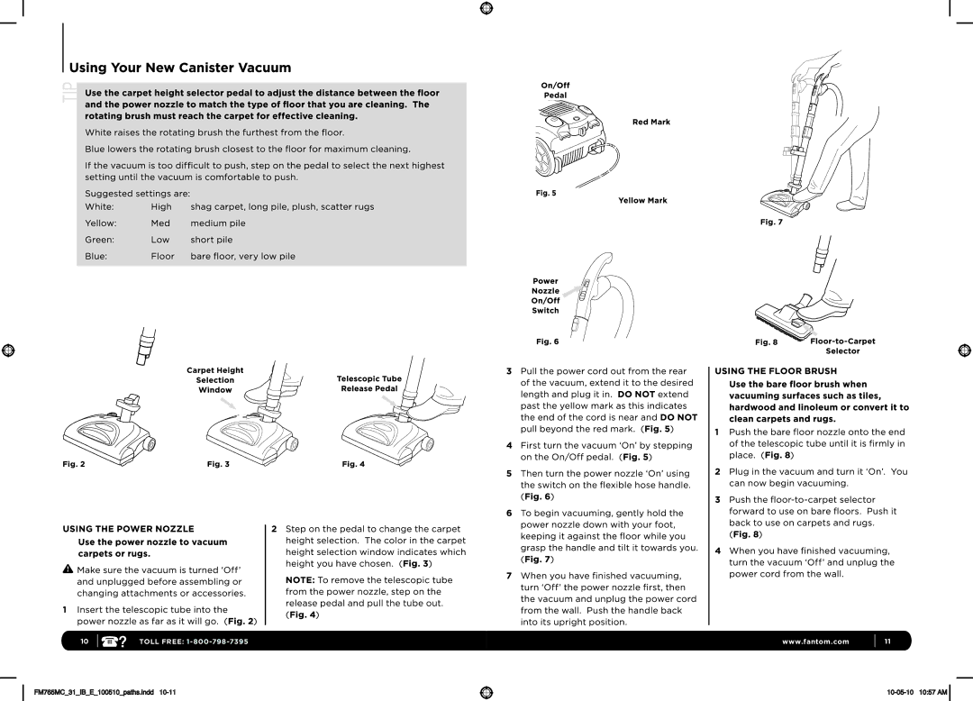 Fantom Vacuum FM765MC 31 manual Toll Free 