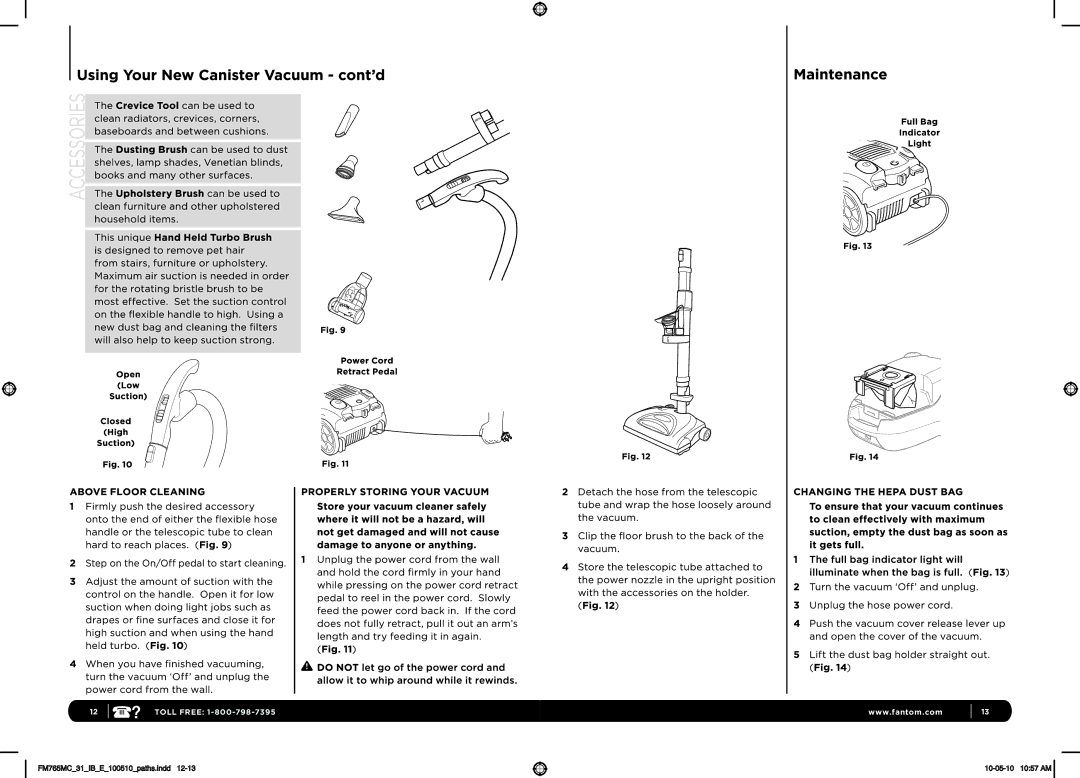 Fantom Vacuum FM765MC 31 manual Toll Free 