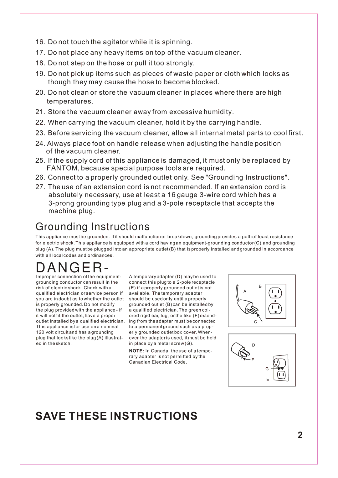 Fantom Vacuum FM766 instruction manual N G E R 