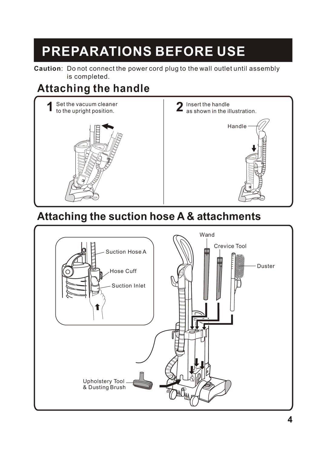 Fantom Vacuum FM766 instruction manual Preparations Before USE, Attaching the handle 