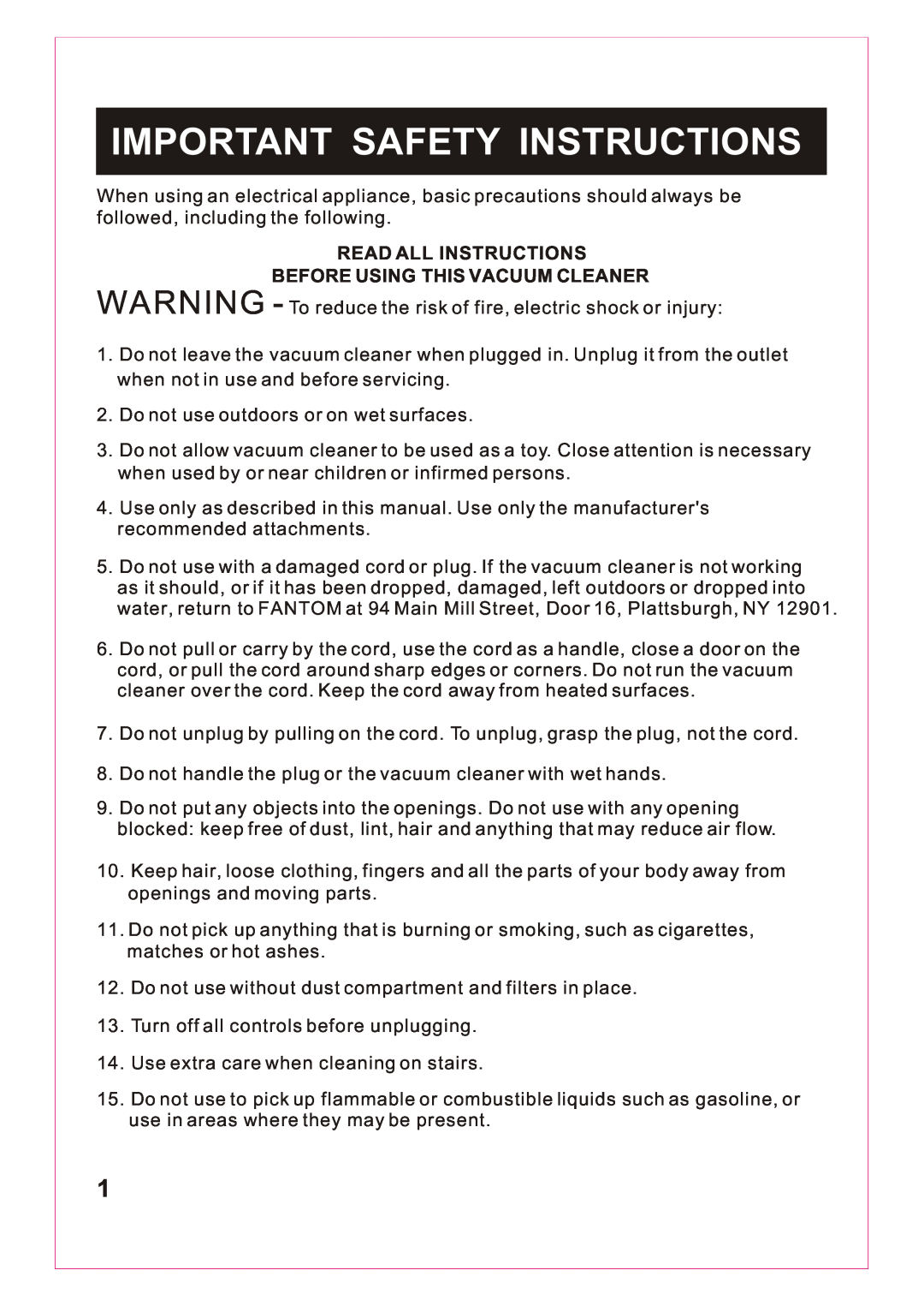 Fantom Vacuum FM766 Important Safety Instructions, Read All Instructions, Before Using This Vacuum Cleaner 