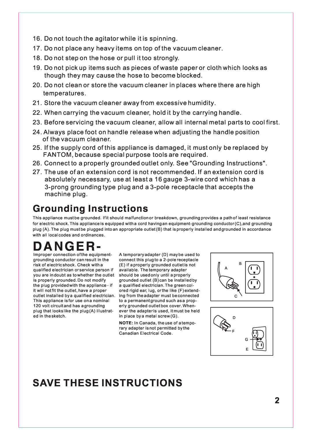 Fantom Vacuum FM766 instruction manual D A N G E R, Save These Instructions, Grounding Instructions 