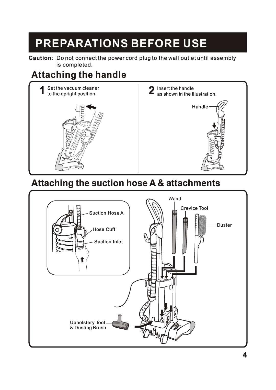 Fantom Vacuum FM766 Preparations Before Use, Attaching the handle, Attaching the suction hose A & attachments, Handle 