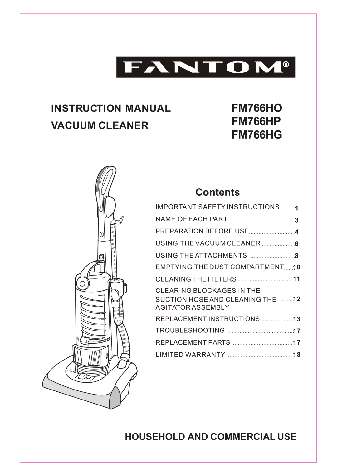 Fantom Vacuum FM766HO instruction manual FM766HP, FM766HG 