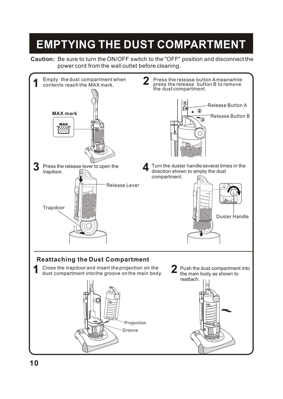 Fantom Vacuum FM766HG, FM766HP, FM766HO Emptying the Dust Compartment, Power cord from the wall outlet before cleaning 