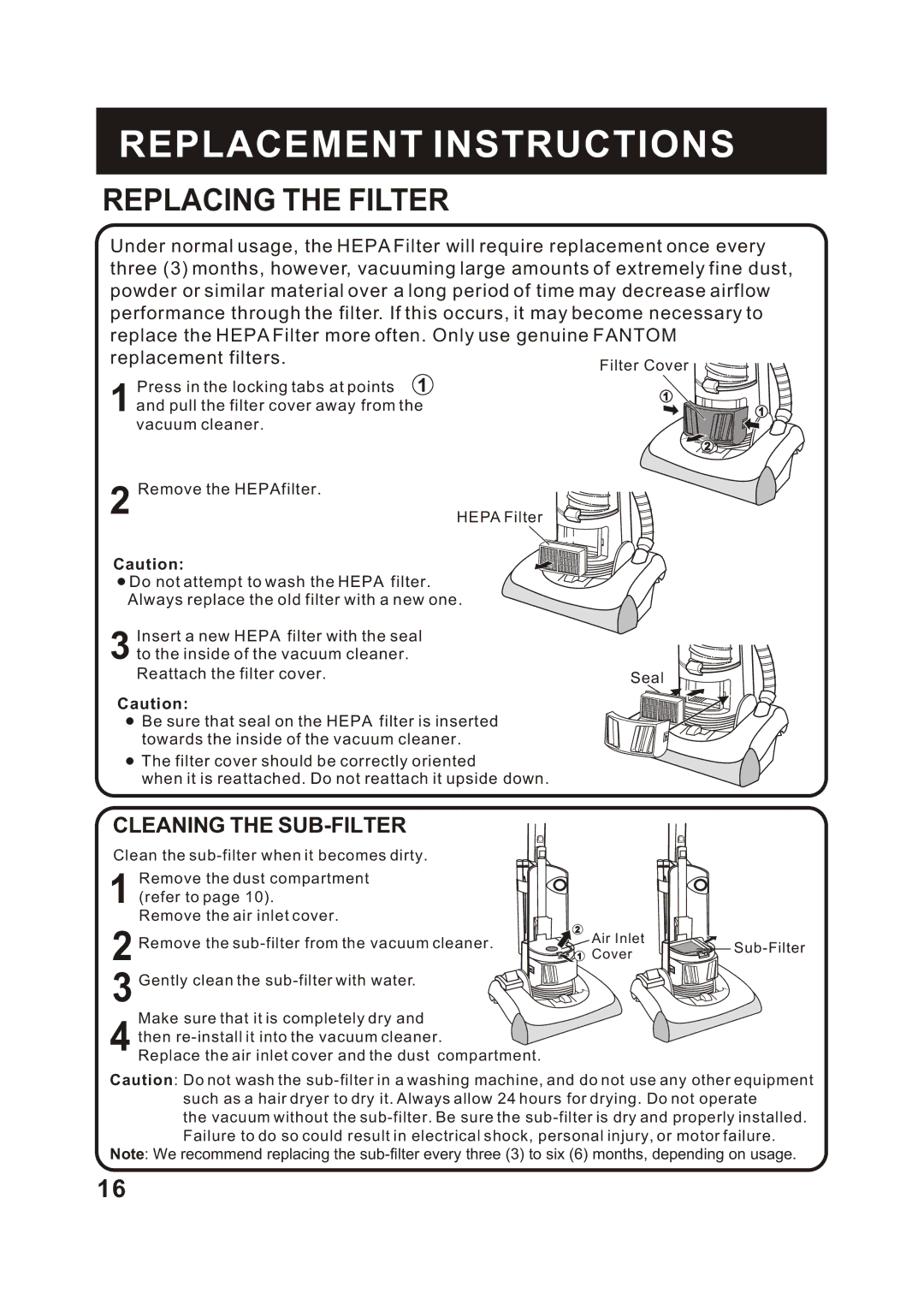 Fantom Vacuum FM766HG, FM766HP, FM766HO instruction manual Replacing the Filter, Cleaning the SUB-FILTER 