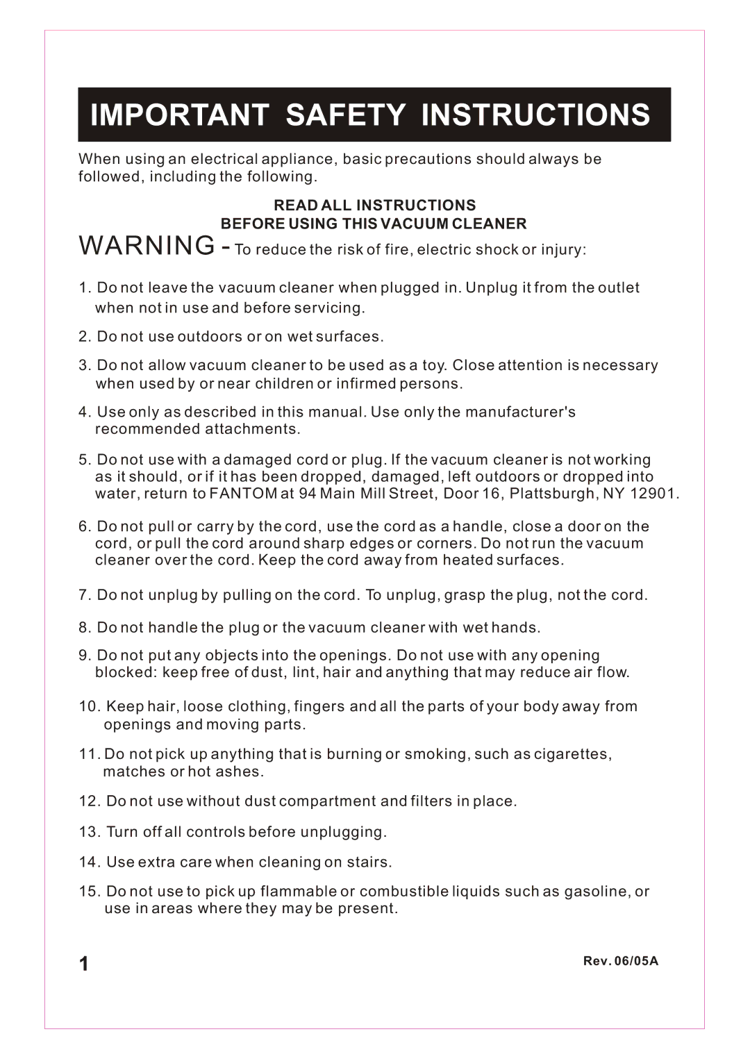 Fantom Vacuum FM766HG, FM766HP Important Safety Instructions, Read ALL Instructions Before Using this Vacuum Cleaner 