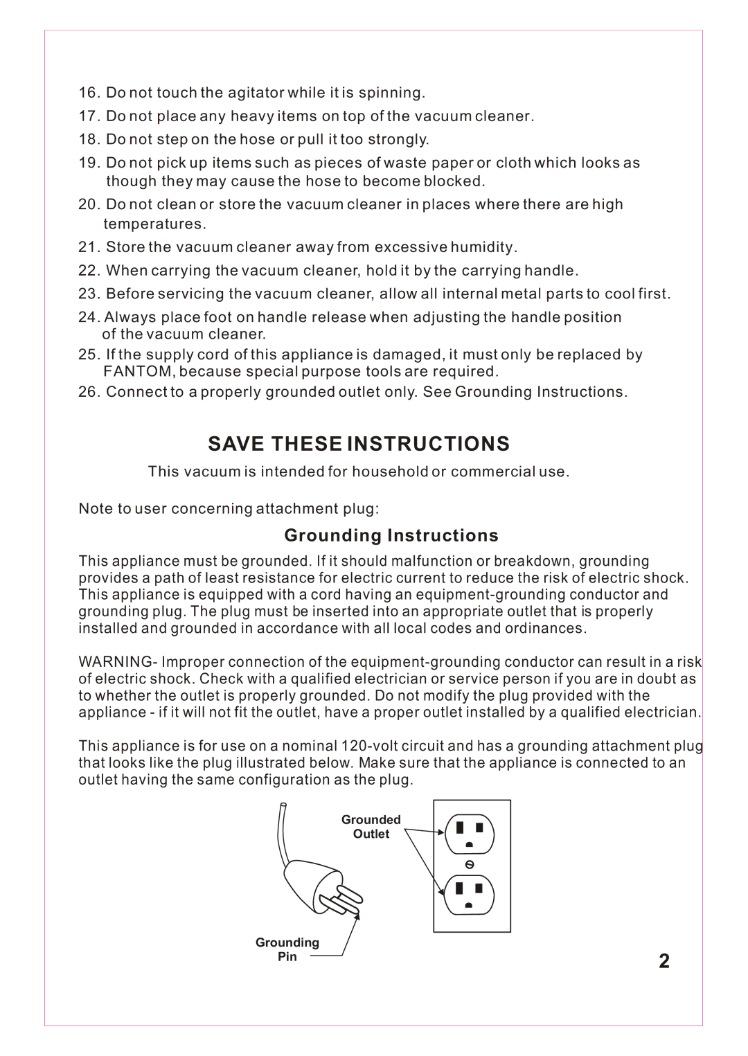 Fantom Vacuum FM766HP, FM766HO, FM766HG instruction manual Grounding Instructions 