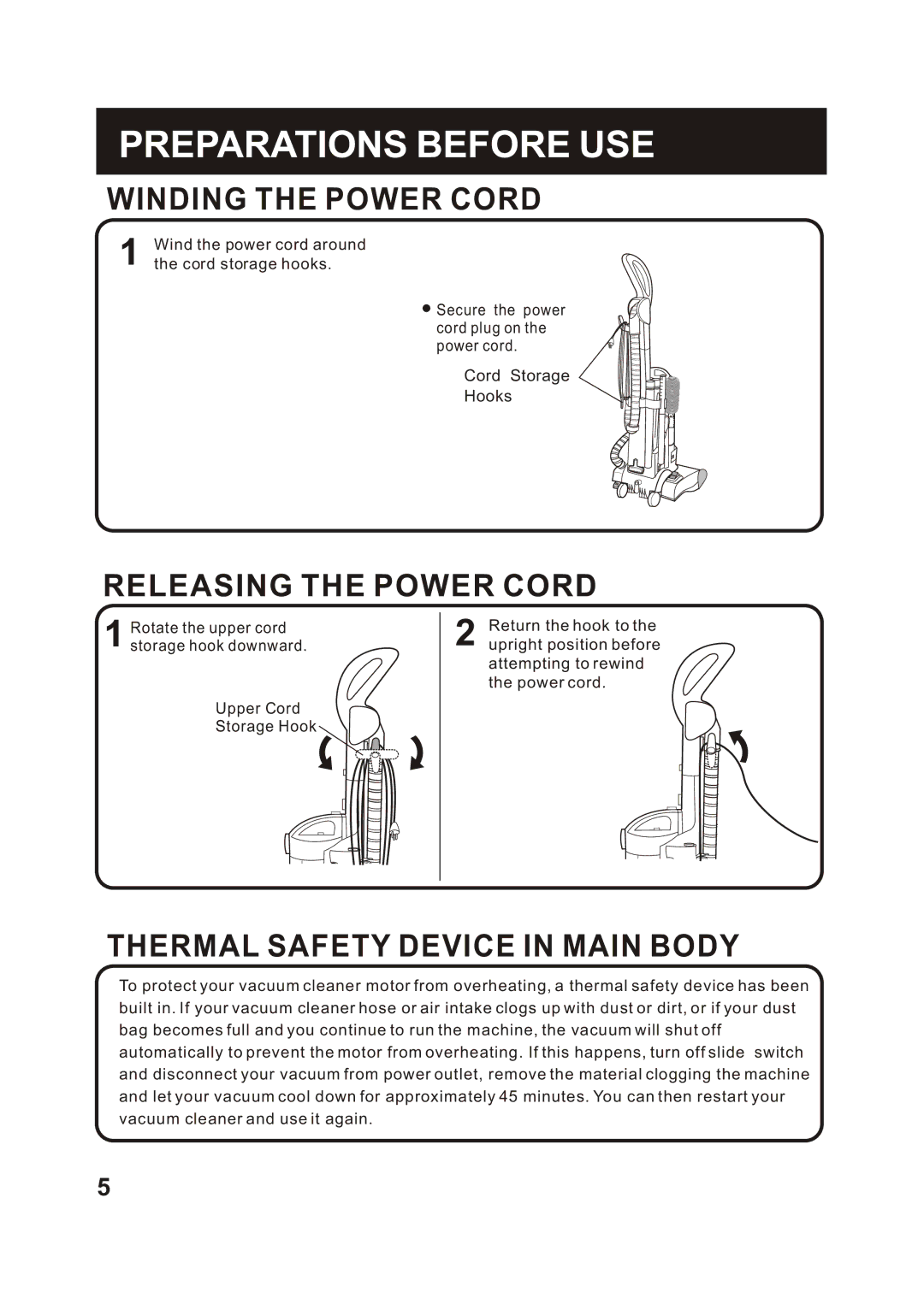 Fantom Vacuum FM766HP, FM766HO Winding the Power Cord, Releasing the Power Cord, Thermal Safety Device in Main Body 