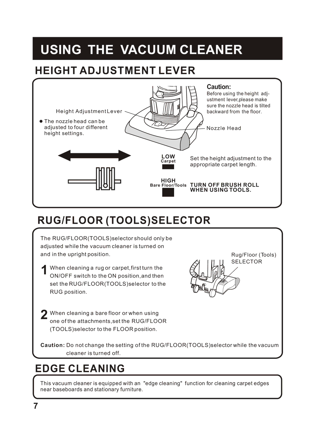 Fantom Vacuum FM766HG, FM766HP, FM766HO instruction manual Height Adjustment Lever, RUG/FLOOR Toolsselector, Edge Cleaning 