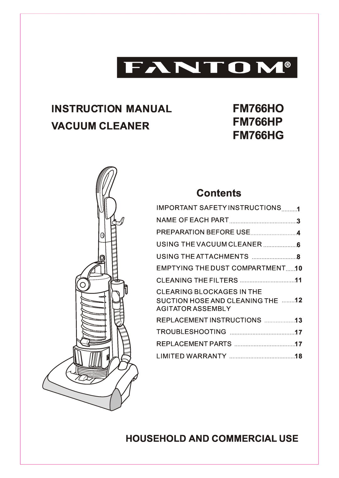 Fantom Vacuum FM766HO instruction manual FM766HP, Instruction Manual, Vacuum Cleaner, Contents, FM766HG 