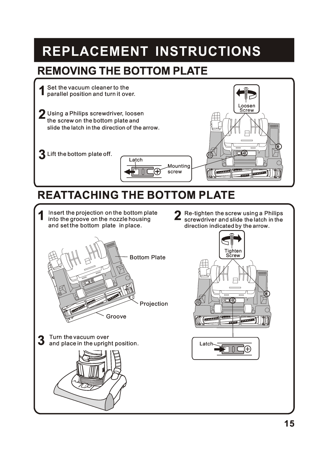 Fantom Vacuum FM766HO, FM766HP, FM766HG Removing The Bottom Plate, Reattaching The Bottom Plate, Replacement Instructions 