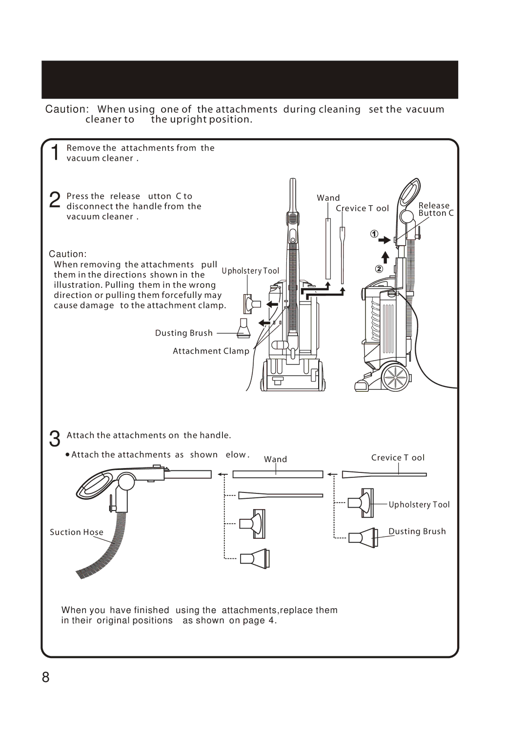 Fantom Vacuum FM780 instruction manual Wand Crevice Tool Upholstery Tool Suction Hose Dusting Brush 