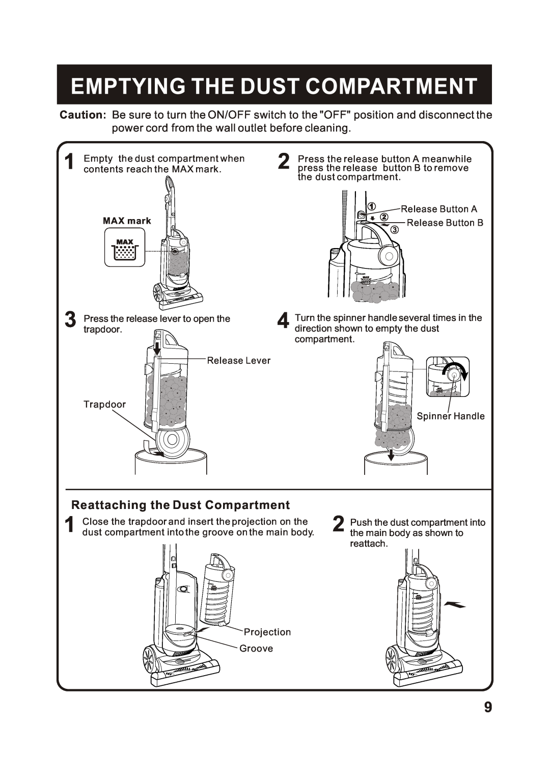 Fantom Vacuum FM780 instruction manual Emptying The Dust Compartment, power cord from the wall outlet before cleaning 
