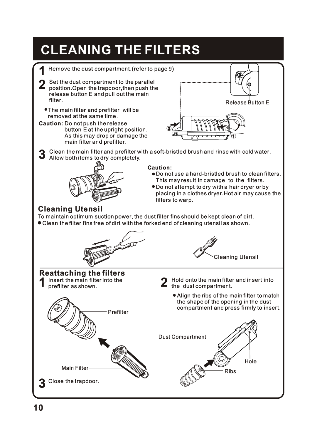 Fantom Vacuum FM780 instruction manual Cleaning The Filters, Cleaning Utensil, Reattaching the filters 