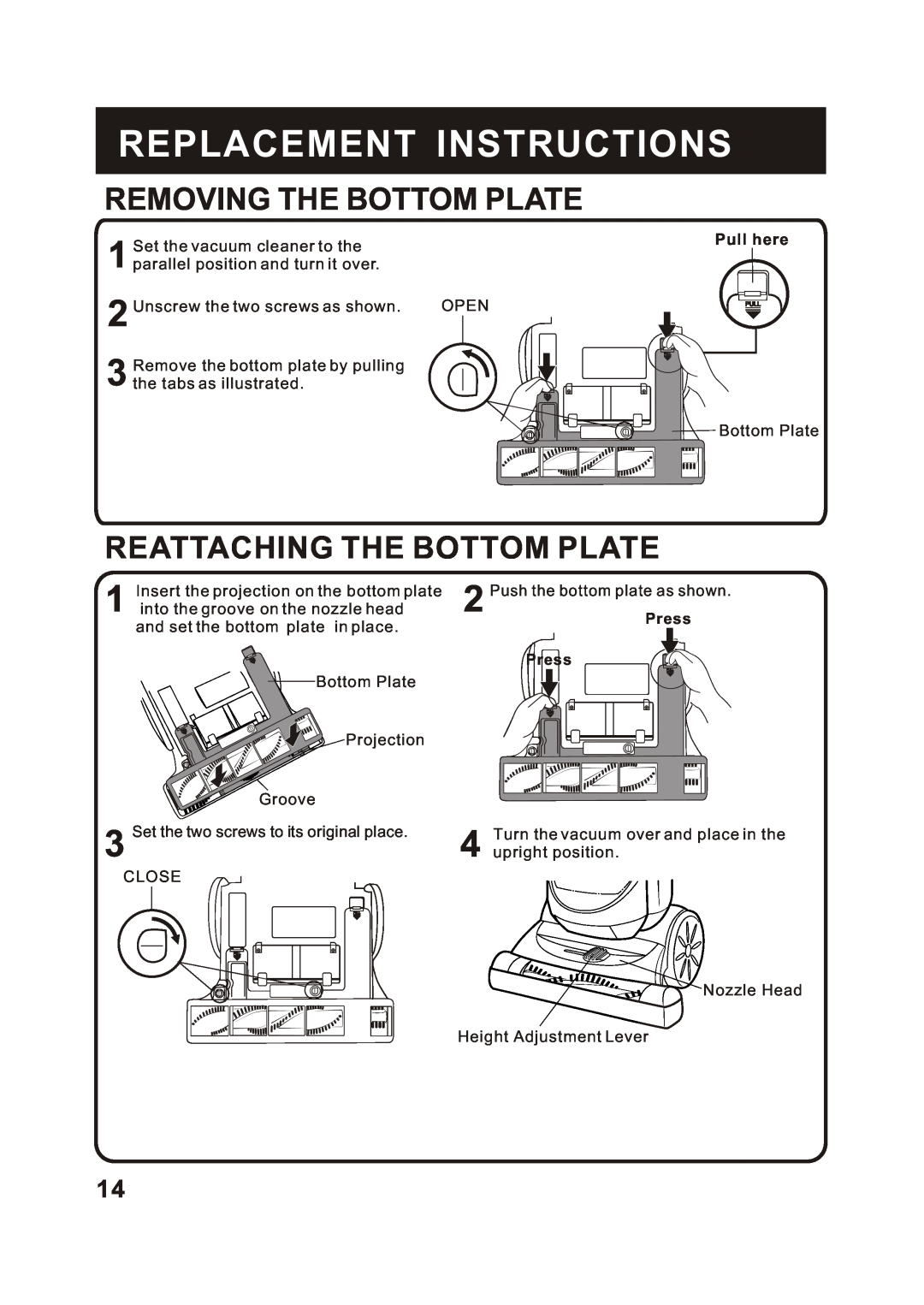 Fantom Vacuum FM780 Removing The Bottom Plate, Reattaching The Bottom Plate, Replacement Instructions, Pull here 