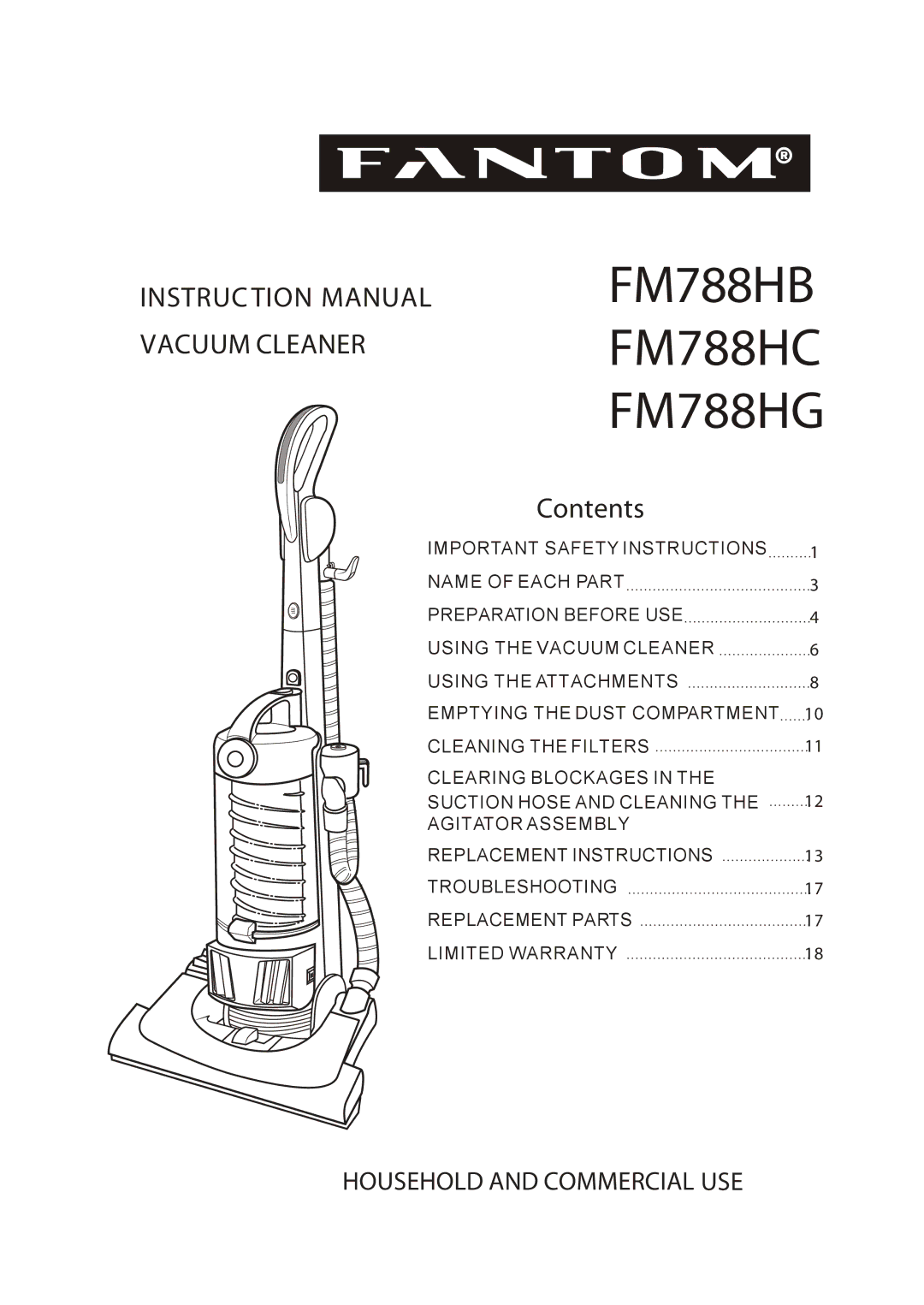 Fantom Vacuum instruction manual FM788HB FM788HC FM788HG 