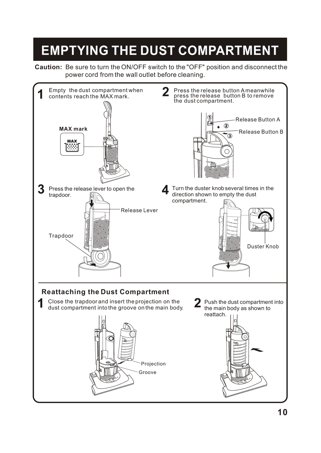 Fantom Vacuum FM788HC, FM788HG, FM788HB Emptying the Dust Compartment, Power cord from the wall outlet before cleaning 