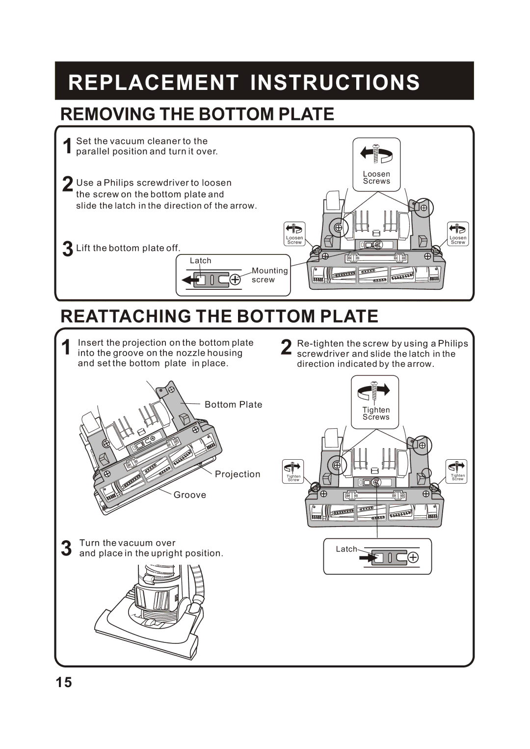 Fantom Vacuum FM788HB, FM788HG, FM788HC instruction manual Removing the Bottom Plate, Reattaching the Bottom Plate 