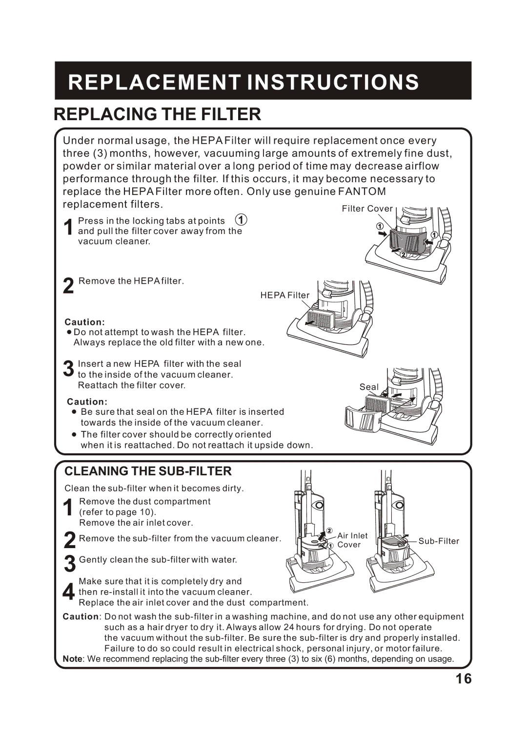 Fantom Vacuum FM788HC, FM788HG, FM788HB instruction manual Replacing the Filter, Cleaning the SUB-FILTER 