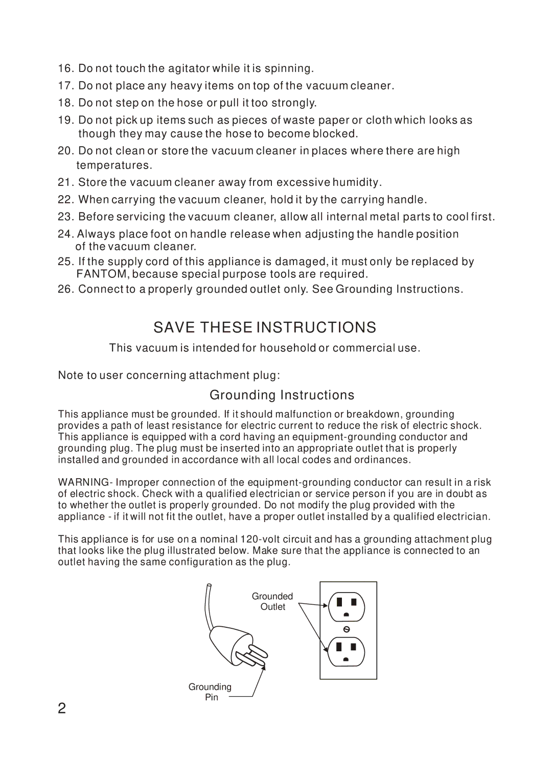 Fantom Vacuum FM788HG, FM788HB, FM788HC instruction manual Grounding Instructions 