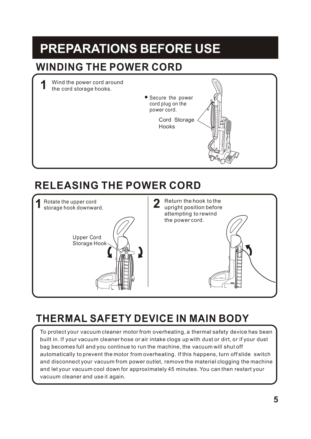 Fantom Vacuum FM788HG, FM788HB Winding the Power Cord, Releasing the Power Cord, Thermal Safety Device in Main Body 