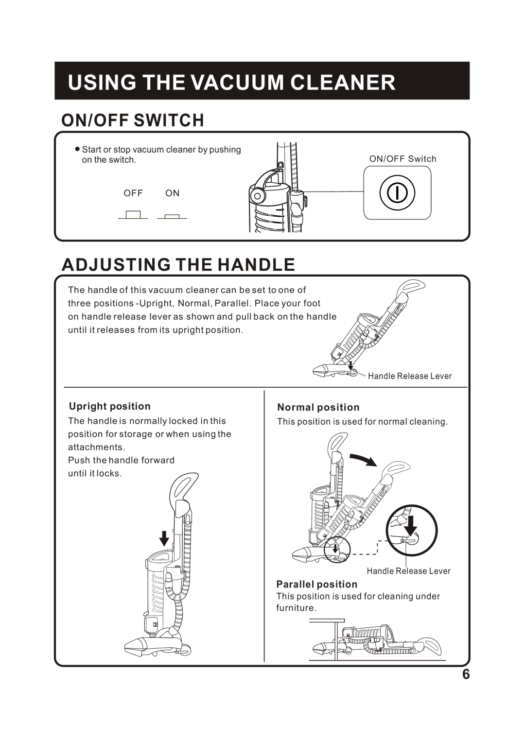 Fantom Vacuum FM788HB, FM788HG, FM788HC instruction manual Using the Vacuum Cleaner, ON/OFF Switch, Adjusting the Handle 