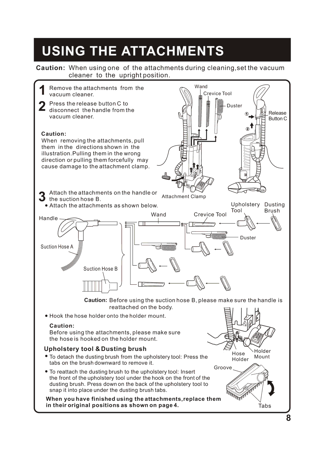 Fantom Vacuum FM788HG, FM788HB, FM788HC instruction manual Using the Attachments, Attach the attachments as shown below 