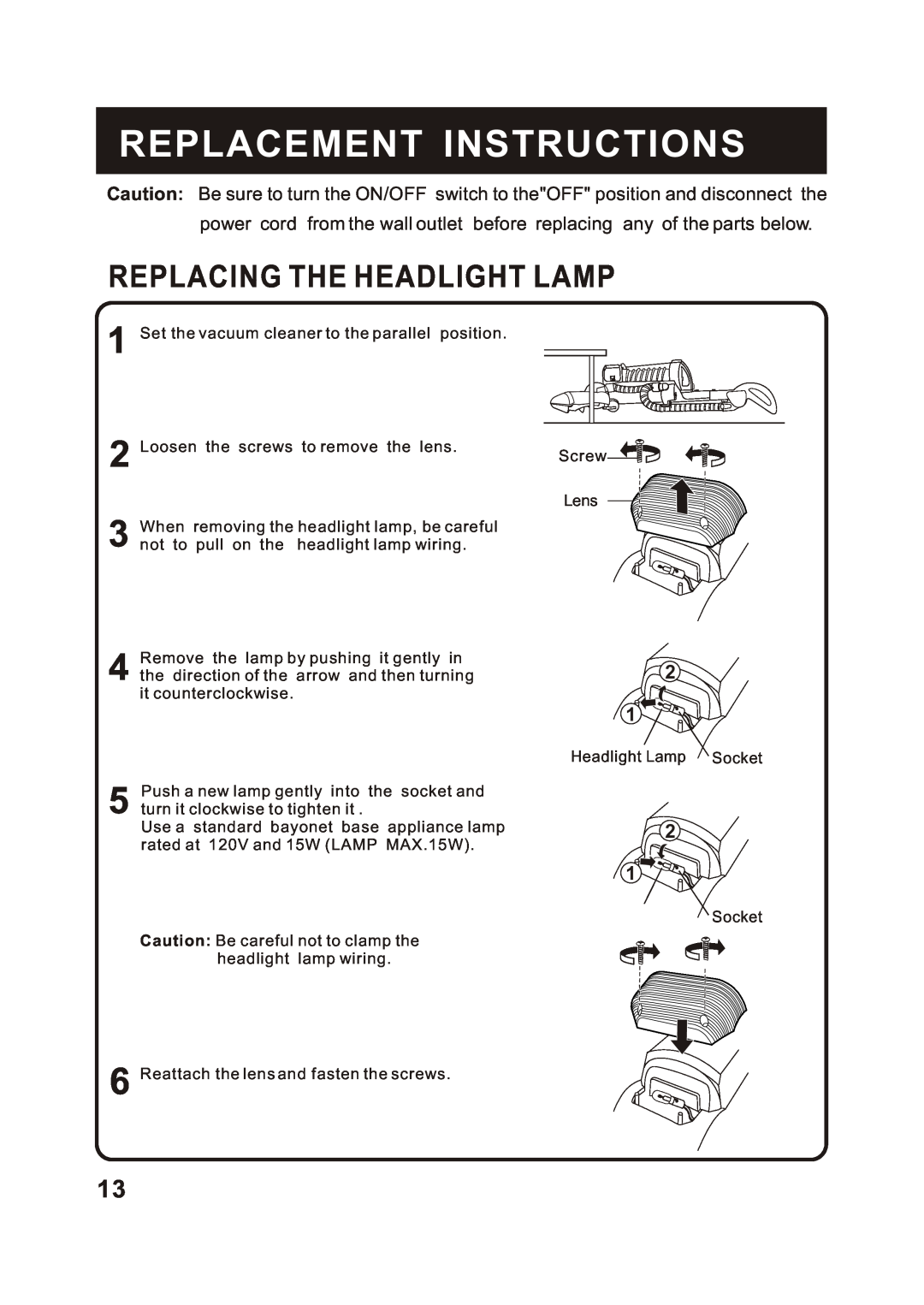 Fantom Vacuum FM788HC, FM788HG, FM788HB instruction manual Replacement Instructions, Replacing The Headlight Lamp 