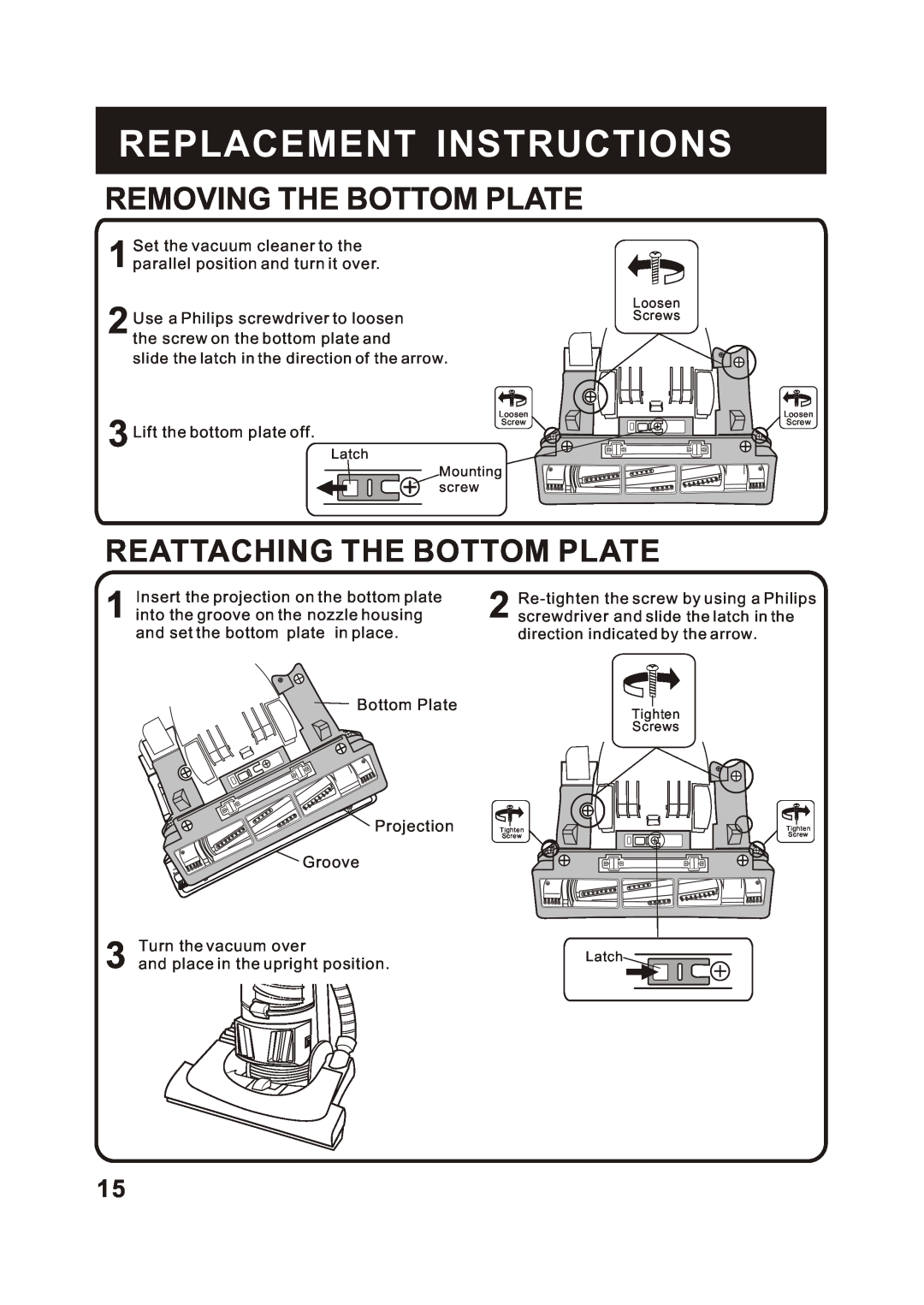 Fantom Vacuum FM788HB, FM788HG, FM788HC Removing The Bottom Plate, Reattaching The Bottom Plate, Replacement Instructions 