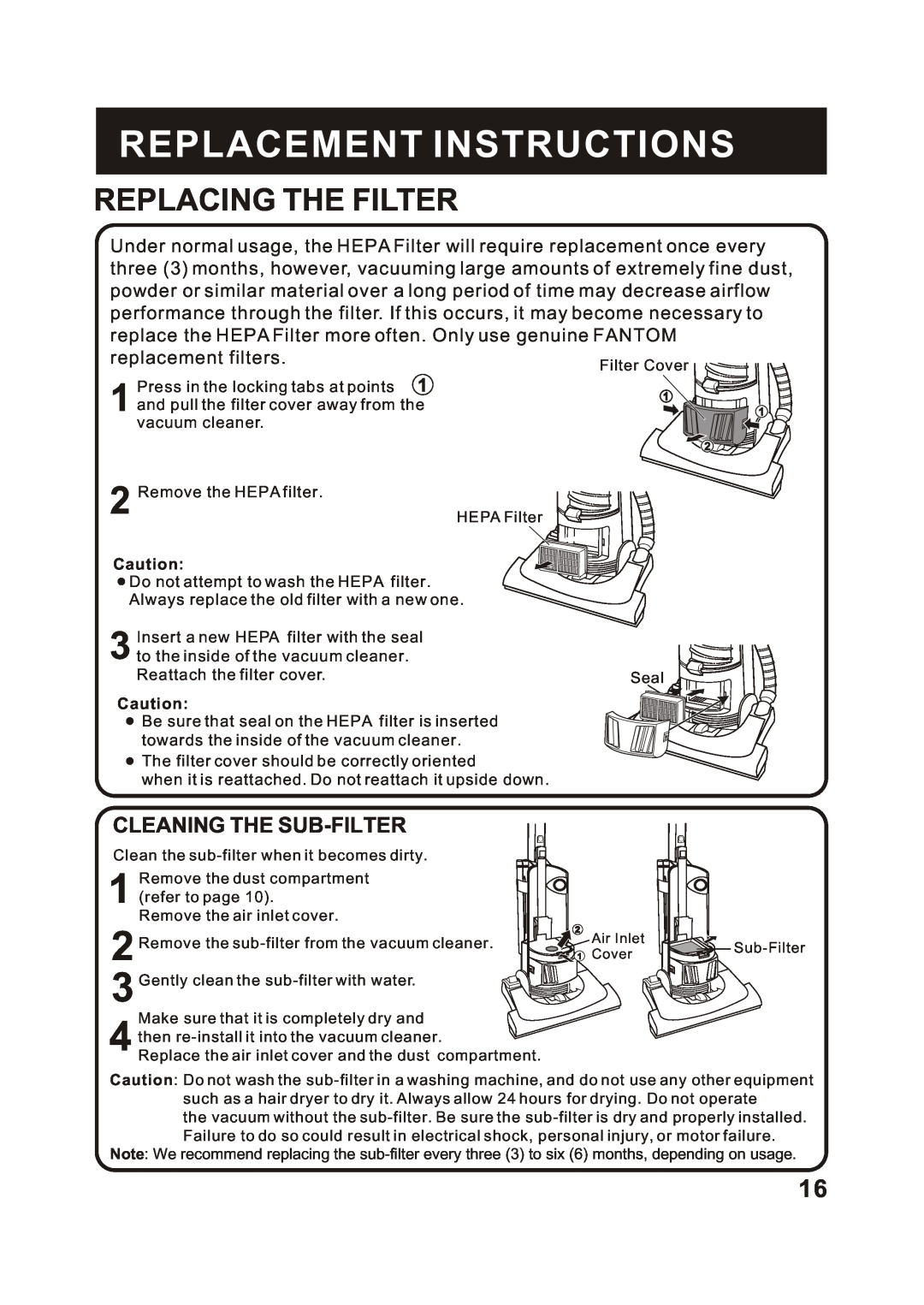 Fantom Vacuum FM788HC, FM788HG, FM788HB Replacing The Filter, Cleaning The Sub-Filter, Replacement Instructions 