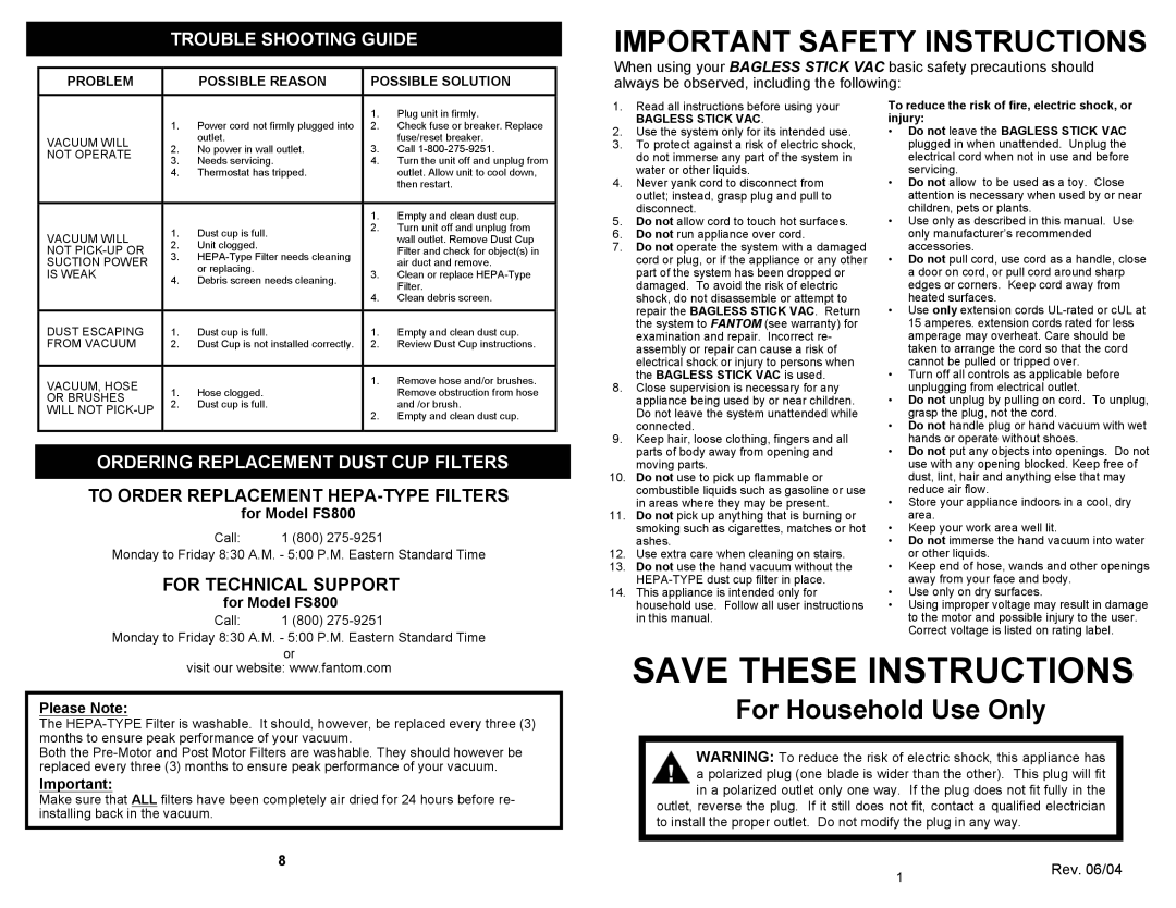 Fantom Vacuum owner manual Trouble Shooting Guide, Ordering Replacement Dust CUP Filters, For Model FS800, Please Note 