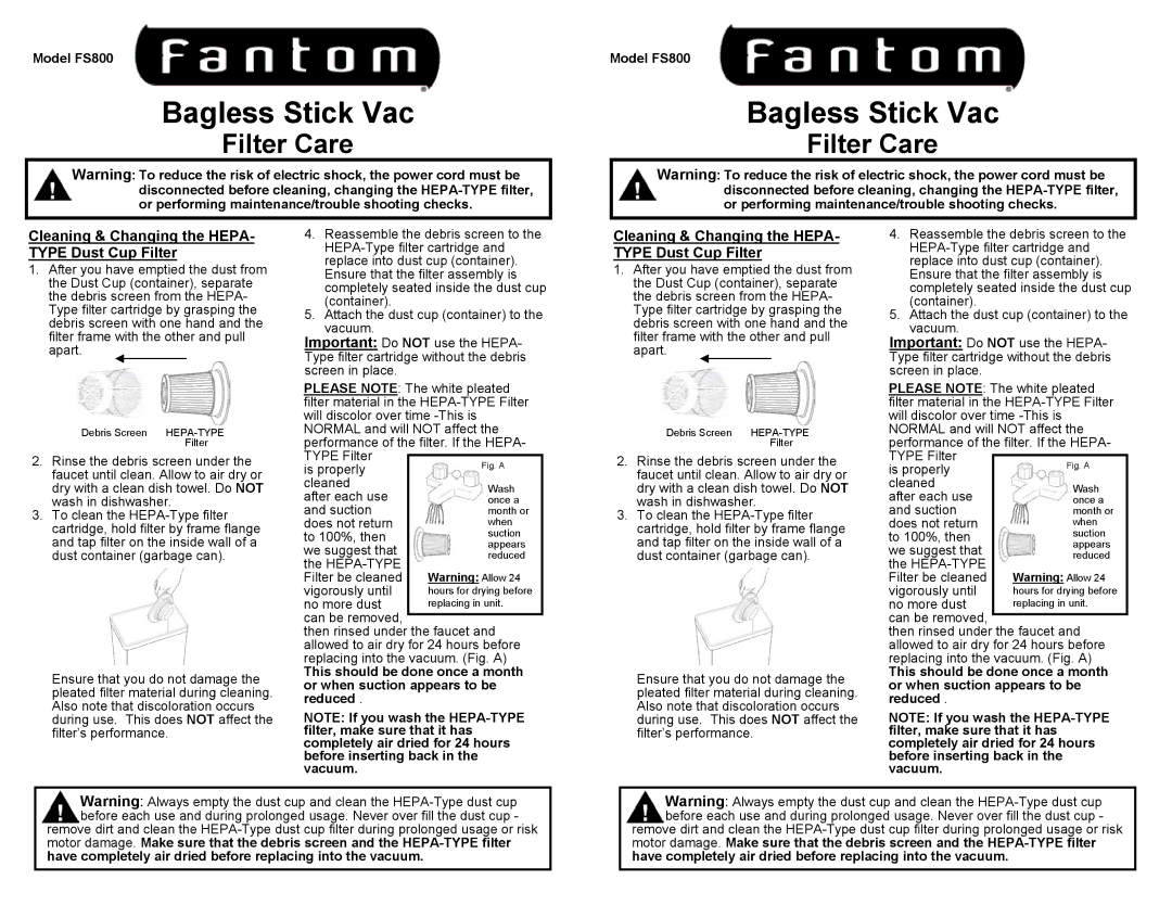 Fantom Vacuum FS800 manual Cleaning & Changing the HEPA- Type Dust Cup Filter, Fig. a 