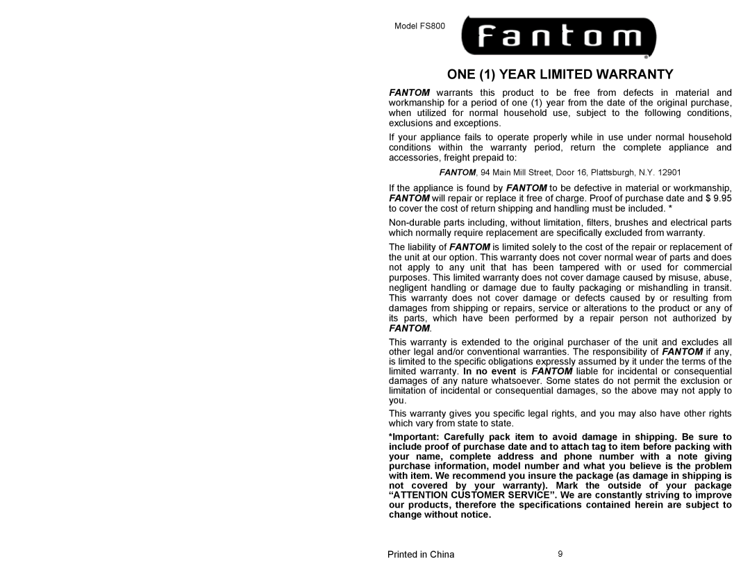 Fantom Vacuum FS800 owner manual ONE 1 YEAR LIMITED WARRANTY, Fantom 