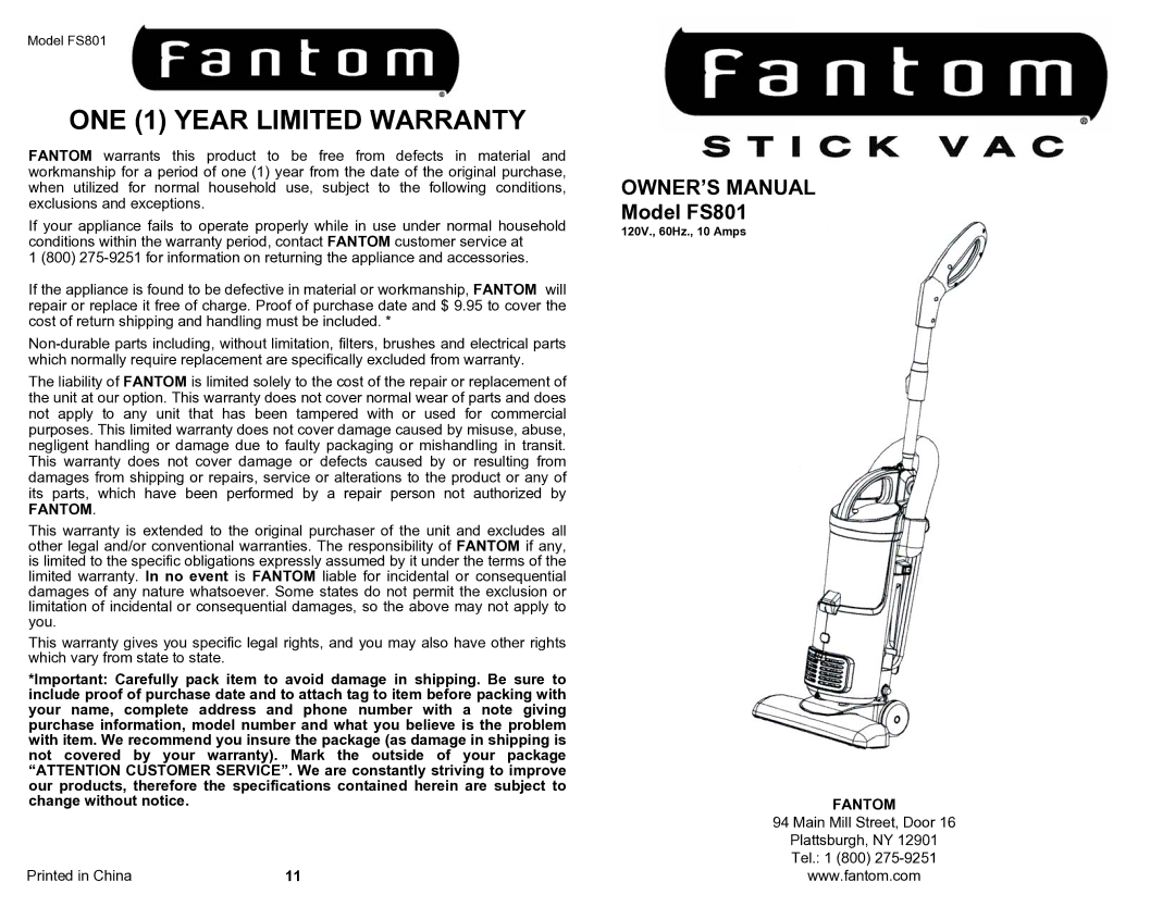 Fantom Vacuum FS801 owner manual ONE 1 Year Limited Warranty, Fantom 