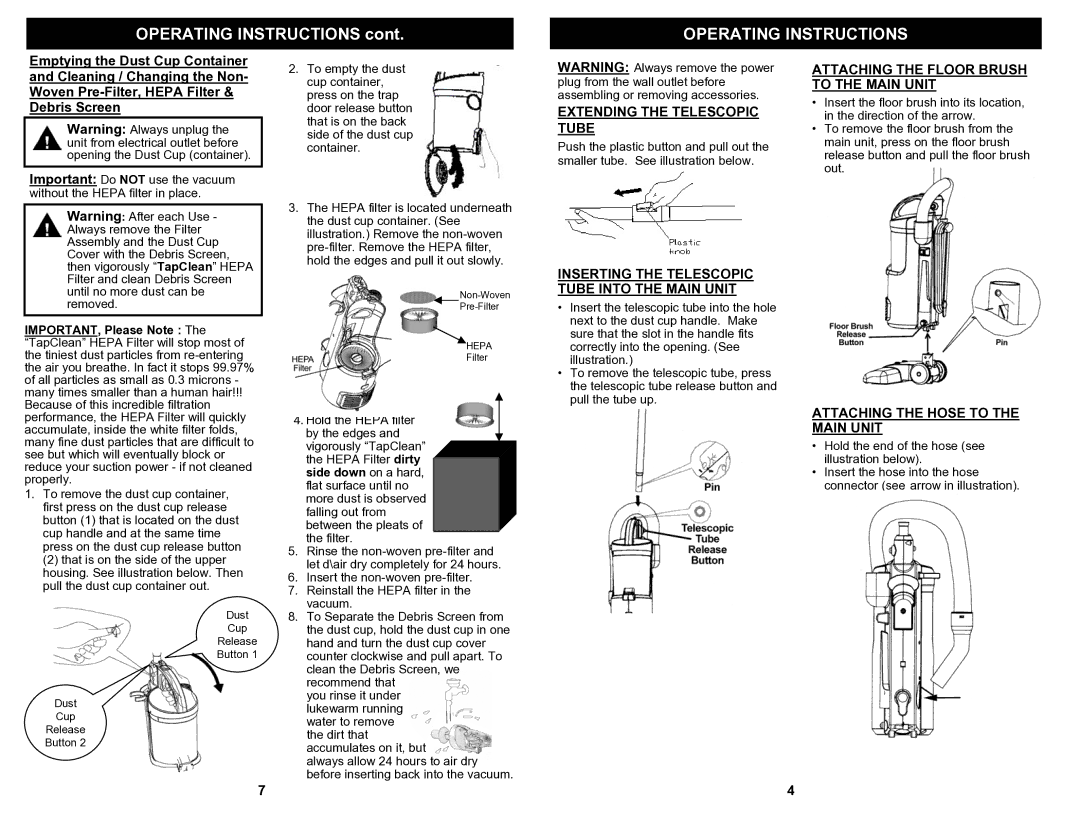 Fantom Vacuum FS801 owner manual Extending the Telescopic Tube, Inserting the Telescopic Tube Into the Main Unit 