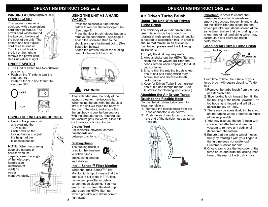 Fantom Vacuum FS801 owner manual Air Driven Turbo Brush, Winding & Unwinding the Power Cord, ON/OFF Switch 