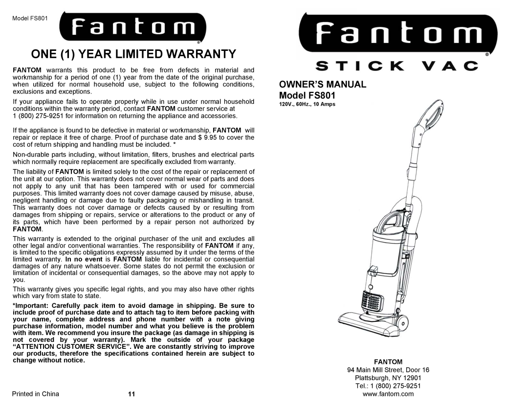Fantom Vacuum FS801 owner manual ONE 1 YEAR LIMITED WARRANTY, Fantom 