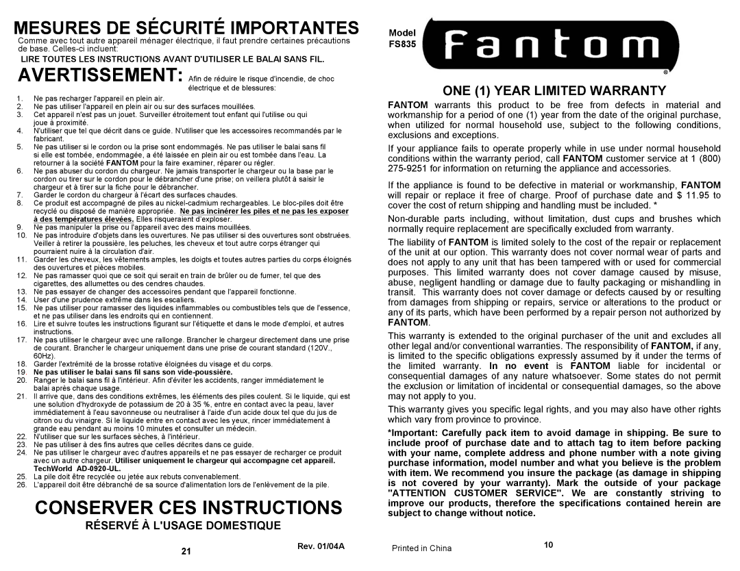 Fantom Vacuum FS835 owner manual Mesures DE Sécurité Importantes, ONE 1 Year Limited Warranty 